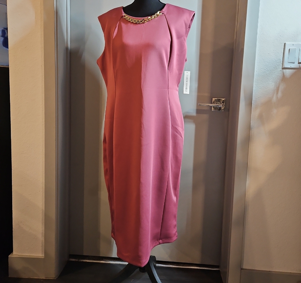 Shelby & Palmer Pink Midi Dress with Gold Chain Detail